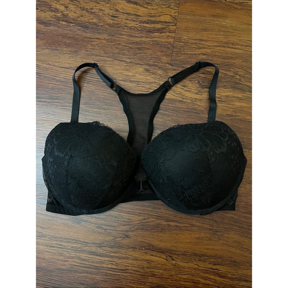 Victoria’s Secret Black Lace Racerback Push-Up Bra Front Clasp Size 38D